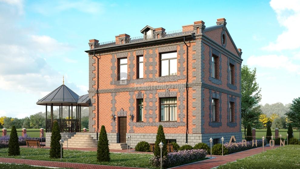 3. Проект двухэтажного дома в замковом стиле с двускатной кровлей, t-23-01, площадью - 213 кв c цокольным этажом, терассой